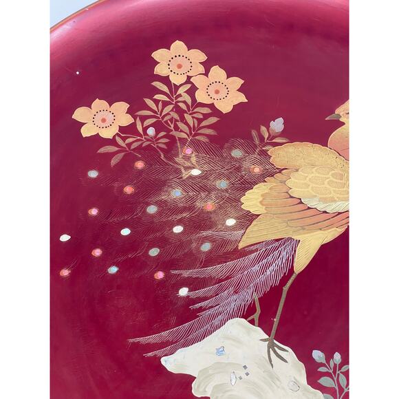 Japenese Maruni Co Lacquerware Metal Inlaid MOP Peacock Wall Charger Circa 1940s - Picture 2 of 13
